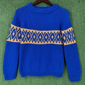 Vintage 90’s Handmade Fair Isle Patterned Wool Blend Blue Knit Sweater Womens XS